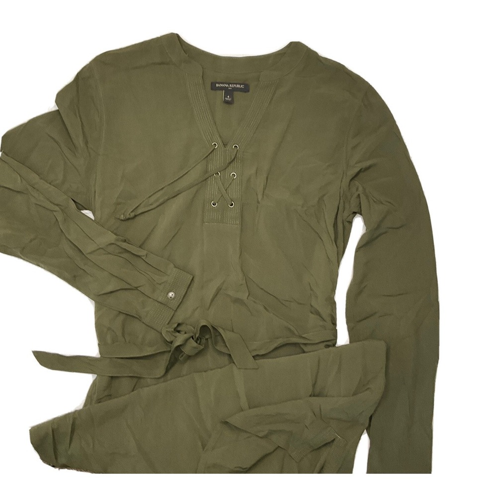 Banana Republic Womens 4 Belted Long Sleeve‎ Shirt Dress Viscose Military Green